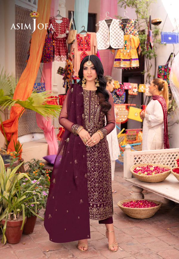 AJEMB-24 EMBROIDERED ORGANZA STITCHED 3 PCS